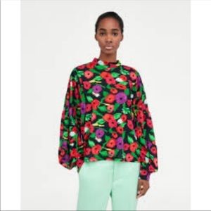 Zara high neck balloon sleeve floral top